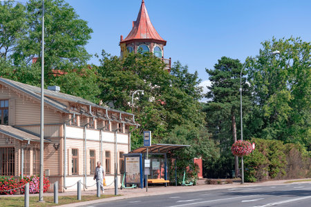 LATVIA, JURMALA, AUGUST, 2021 - Exterior view renovation wooden home in Jurmala, Latvia. Traditional Jurmala architecture. Summer gardening of the resort townのeditorial素材