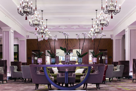 LATVIA, RIGA, AUGUST, 2022: Luxury interior of the  Grand Hotel Kempinski Riga. Modern Kempinski hotel is situated in the heart of the Latvian capital.のeditorial素材