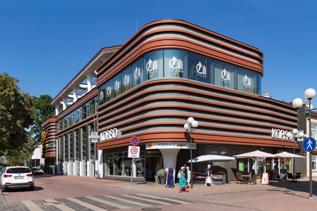 LATVIA, JURMALA, AUGUST, 2022: Modern Korso shopping center on Jomas street in Majori, Jurmala.のeditorial素材