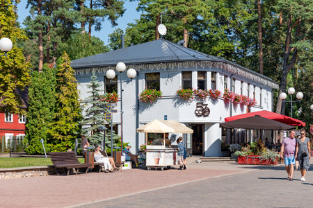 LATVIA, JURMALA, AUGUST, 2022 - Cafe with open veranda on Jomas street in Majori, Jurmala, Latvia. Jurmala is seaside resort town stretching 32 km on coast of Gulf of Riga of Baltiのeditorial素材
