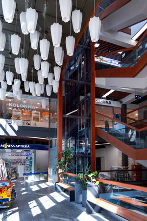 LATVIA, JURMALA, AUGUST, 2022 - Modern interior of Korso shopping center on Jomas street in Majori, Jurmala. Latviaのeditorial素材