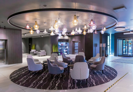 LATVIA, JURMALA, AUGUST, 2022 - The modern interior in Jurmala Spa hotel on Jomas street, Jurmala. Latvia.のeditorial素材