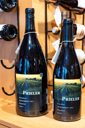 LATVIA, RIGA, AUGUST, 2022: Red wine Prieler Goldberg Blaufrnkisch from Neusiedlersee - Hgelland, Burgenland, Weinland, Austria. This wine has 48 mentions of black fruit notes blacのeditorial素材