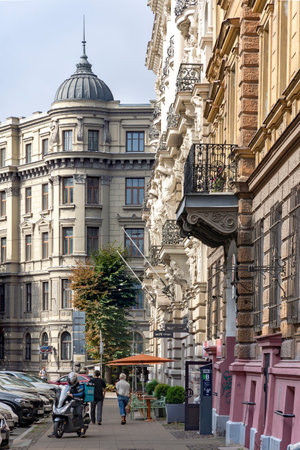 LATVIA, RIGA, AUGUST, 2022 - Beautiful houses of Riga Art Nouveau or Jugendstil stile with turrets and mansards on Elizabetes Street in Riga, capital of Latviaのeditorial素材