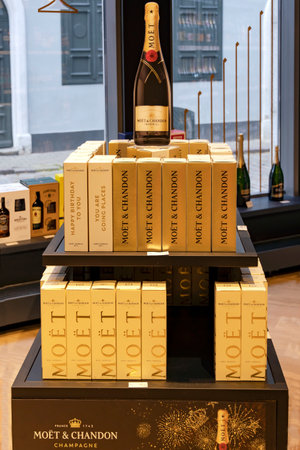 LATVIA, RIGA, SEPTEMBER, 2022: Moet and Chandon champagne with special offers on a promotional trading stand in supermarket in Riga, Latvia.のeditorial素材