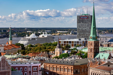 LATVIA, RIGA, SEPTEMBER, 2022: Aerial view from Saint Peters church on Riga Old Town overlooking the...