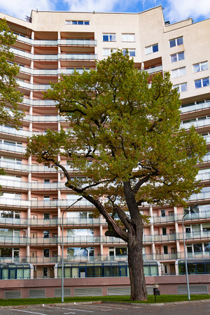 LATVIA, RIGA, SEPTEMBER, 2022 - Modern multi-store  residential building with surrounded by an oak park in Riga, Latvia. Contemporary multi store architecture planned for dwellingsのeditorial素材