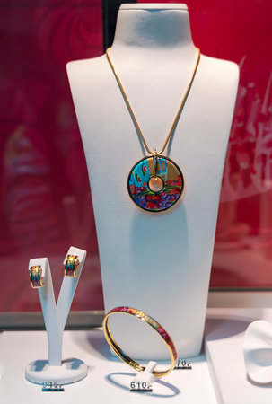 LATVIA, RIGA, NOVEMBER, 2022: Mannequin with Frey Wille products in a boutique window in Riga, Latvia. Frey Wille jewelry is an austrian goldsmith and manufacturer and retailer ofのeditorial素材