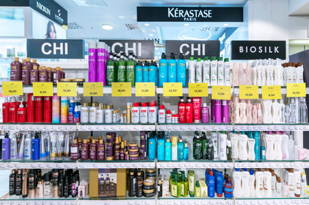 LATVIA, RIGA, AUGUST, 2022: Shelves with CHI  Professional Hair Care Products with promotional prices on sale in STOCKMANN hypermarket, Riga. Latvia.のeditorial素材
