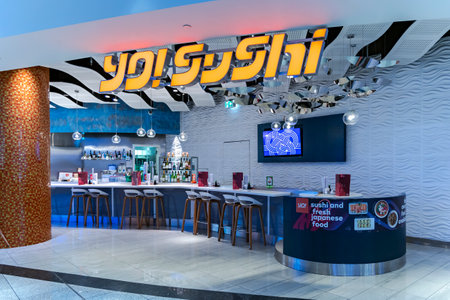 UAE, DUBAI, NOVEMBER, 2022: Japanese food cafe interior in Duty Free zone at Dubai airport, UAE. Dubai Duty Free is the largest single airport retail operation in the world.のeditorial素材
