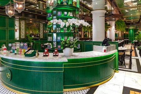 Southeast Asia, Singapore, November, 2022: Chic interior of a tea cafe-shop at Jewel Changi airport is one of the largest airports in Asia. Singapore.のeditorial素材