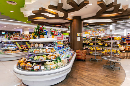 Southeast Asia, Singapore, November, 2022: Modern food store interior with vegetables and fruits on shelves in Balestier district, Singapore. Grocery shopping.のeditorial素材