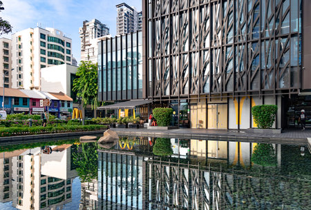 Southeast Asia, Singapore, November, 2022: Beautiful architecture of modern buildings with a quality landscaping in Balestier district, Singapore. Green environment concept.のeditorial素材