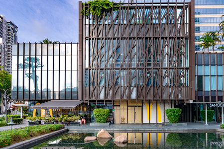 Southeast Asia, Singapore, November, 2022: Beautiful architecture of modern buildings with a quality landscaping in Balestier district, Singapore. Green environment concept.のeditorial素材