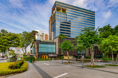 Southeast Asia, Singapore, November, 2022: Beautiful architecture of modern buildings with a quality landscaping in Balestier district, Singapore. Green environment concept.のeditorial素材