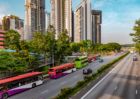 Southeast Asia, Singapore, November, 2022: Urban infrastructure with multi-lane highway with traffic and  large landscaping in the Singapore city.のeditorial素材