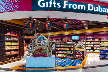 UAE, DUBAI, NOVEMBER, 2022: Souvenir shop interior with oriental goods in Duty Free zona at Dubai airport, UAE.のeditorial素材