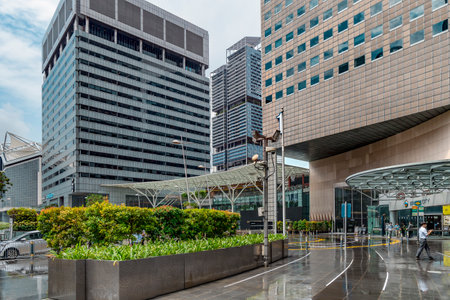 Southeast Asia, Singapore, November, 2022: Corporate  office buildings with landscaping in modern metropolis in Singapore.のeditorial素材