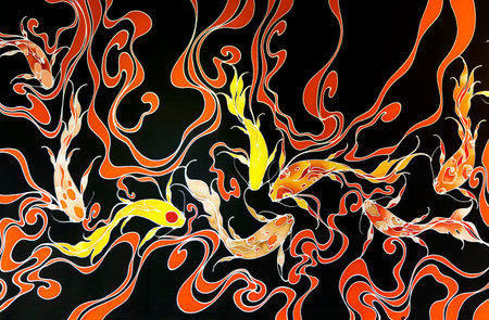Fragment hot batik with painted colorful koi fish. Handmade on silk art print.の写真素材