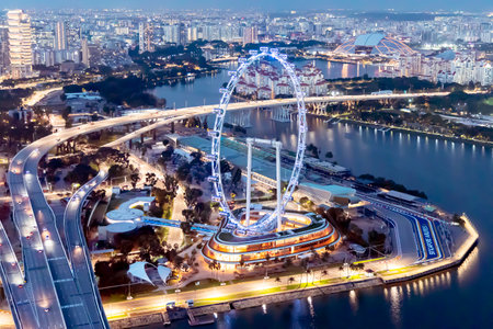 Southeast Asia, Singapore, November, 2022: The Ferris Wheel on sunset in Singapore called Singapore Flyer from Gardens by the Bayのeditorial素材