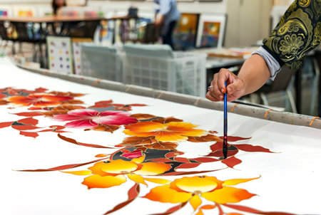 Painting with a brush on white silk fabric colour paints with cold batik style, Kuala Lumpur. Malaysia.の写真素材