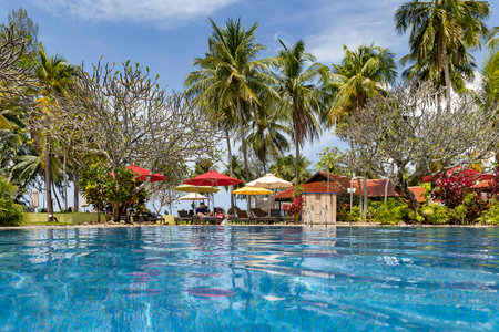 Malaysia, Langkawi, November, 2022: Swimming pool among a beautiful garden with tall palm trees on the territory of Pelangi Beach Resort Spa hotel, Langkawiのeditorial素材