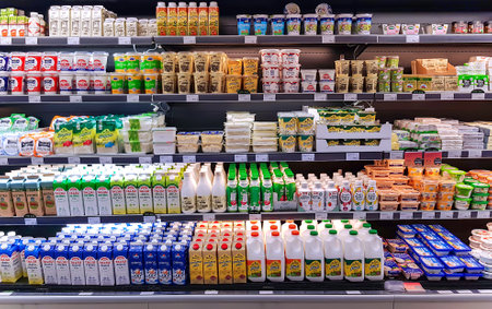 Latvia, Riga, December, 2022 - Shelves with a variety of yoghurts and milk from different manufacturers in the shopping mall in Riga, Latvia.のeditorial素材