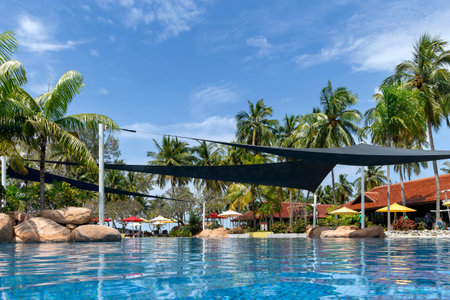 Malaysia, Langkawi, November, 2022: Swimming pool among a beautiful garden with tall palm trees on the territory of Pelangi Beach Resort Spa hotel, Langkawiのeditorial素材