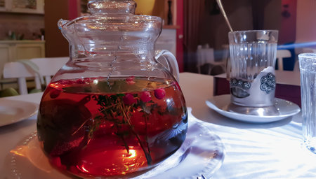 Glass teapot with herbal tea and cranberries and rays of light on table from a faceted glass. Delicious food close-up.の写真素材