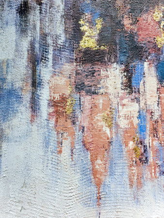 Fragment abstract oil paintings in blue, white and gold colors. Color texture. Fragment of artwork. Brush strokes of paint. Modern art.の写真素材