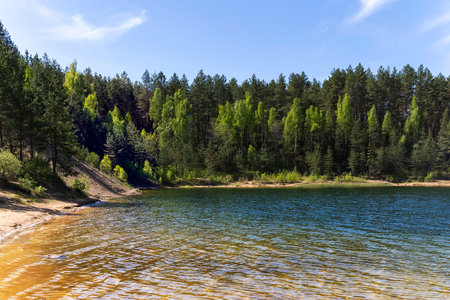 Transparent blue water in a Dubkalnu Reservoir among pine forests at Zilie Kalni (Blue Hills) Nature Park in the Ogre municipality, Latvia, Europe. Clean environment concept.の写真素材