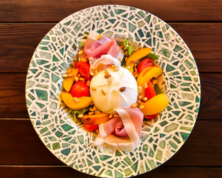 Summer salad with burrata and fresh peach wedges, cherry tomatoes and Iberian ham on a colorful platter on a wooden table closeup. Healthy food concept.の写真素材