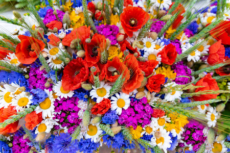Large bouquet of summer wildflowers with poppies, daisies and cornflowers garnished with wheat ears closeup. Spring flower background.の写真素材