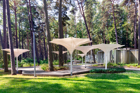 Dzintari Adventure Climbing Forest Park with various childrens swings and climbing frame in Jurmala. Latvia. Healthy and sporty childhood concept.の写真素材