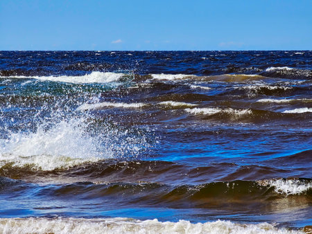 Panoramic view of splashing waves in the Baltic Sea, Jurmala. Latvia. sea landscape.の写真素材