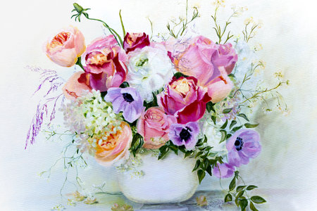 Fragment oil paintings on theme on a bouquet of summer flowers in a vase. Oil painting with flowers....