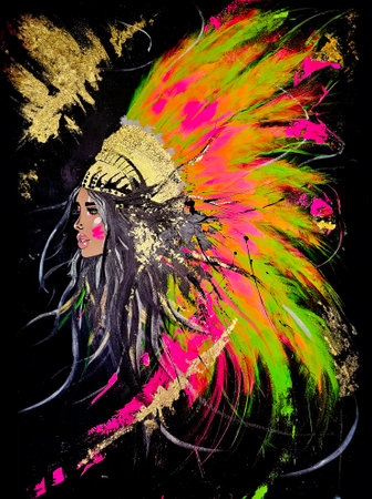 Girl in headdress with feathers on black background.の写真素材