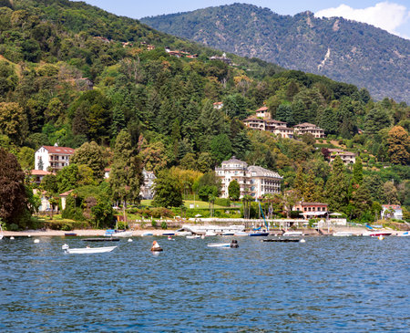 Panorama of Alpine Lake Como against the backdround of the Alps located in the Lombardy region in northern Italy.の写真素材