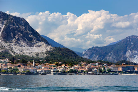 Panorama of Alpine Lake Como against the backdround of the Alps located in the Lombardy region in northern Italy.の写真素材