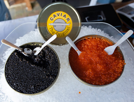 Lightly salted black and red caviar on ice. Healthy food concept.の写真素材