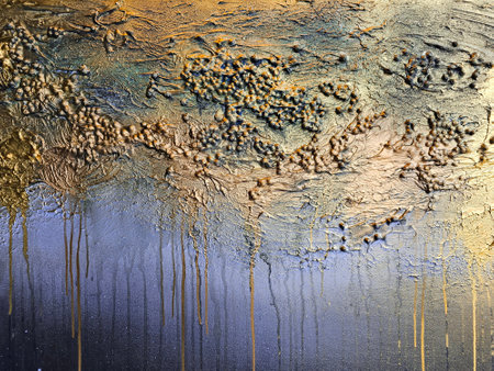 Artistic wall with gold plating and texture of creative putty. Allegory of the erosion of the Earth.の写真素材
