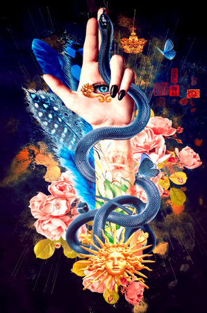 Hand with snake and flowers on grunge background, digital painting.の写真素材