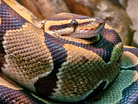 Tiger's python or morelia spilota snake with beautiful skin snake texture close up. Reticulated...