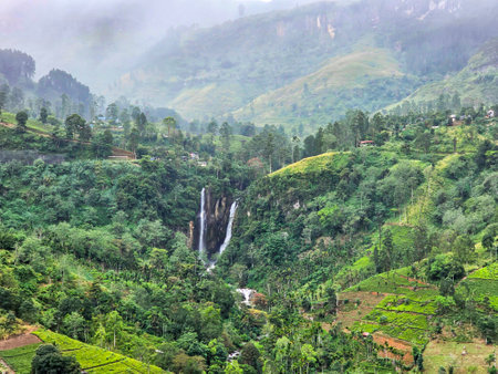 View from above of the misty mountains and Mantenga Waterfalls in Elulwini valley, Swaziland, Southern Africa Category Landscapesの写真素材