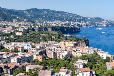 Landscape of Sorrento on the road from Naples, Italy, West Europe. View of the village on the shore cliff near the coast Mediterranean Sea.の写真素材