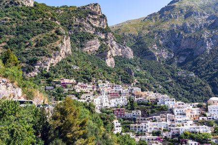 The Amalfi Coast is the southern coast of the Italian Peninsula, part of the Campania region. View of the village on the shore cliff near the coast Mediterranean Sea.の写真素材