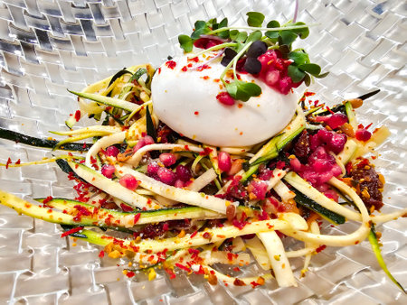 Fresh buffalo buratta on a bed of zucchini and pomegranate seeds with baby microgreens close up on a glass dish.の写真素材