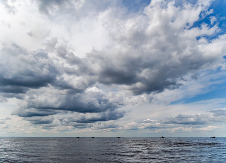 Calm Baltic Sea with clear shores and cirrus clouds in Jurmala, Latvia. Nature shot in Latvia.の写真素材