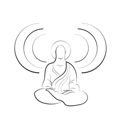 vector minimal symbolic illustration of a buddhist sitting in yoga pose and praying.のイラスト素材