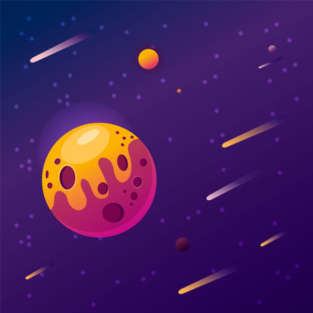 digital illustration of miracle piece of space. Planets and comets on sparkling gradient background.